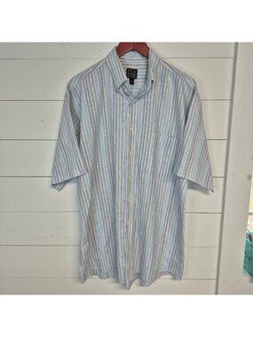 Jos A Bank Mens Striped 100% Linen Shirt L Button-Front Short Sleeve